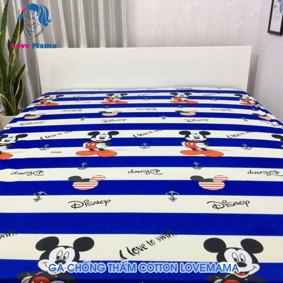 Ga chống thấm chuột Mickey xanh ô trắng vải cotton ga 1m6 cao cấp