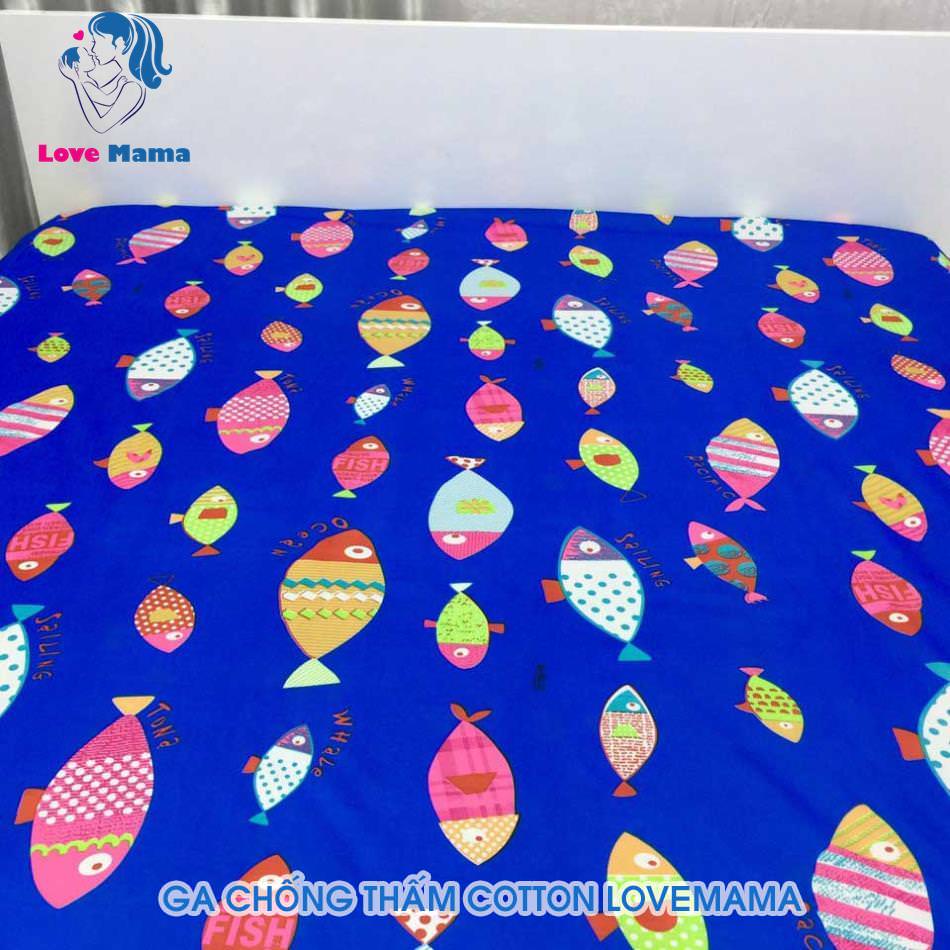 Ga chống thấm màu xanh vân hình cá vải cotton ga 1m6 cao cấp
